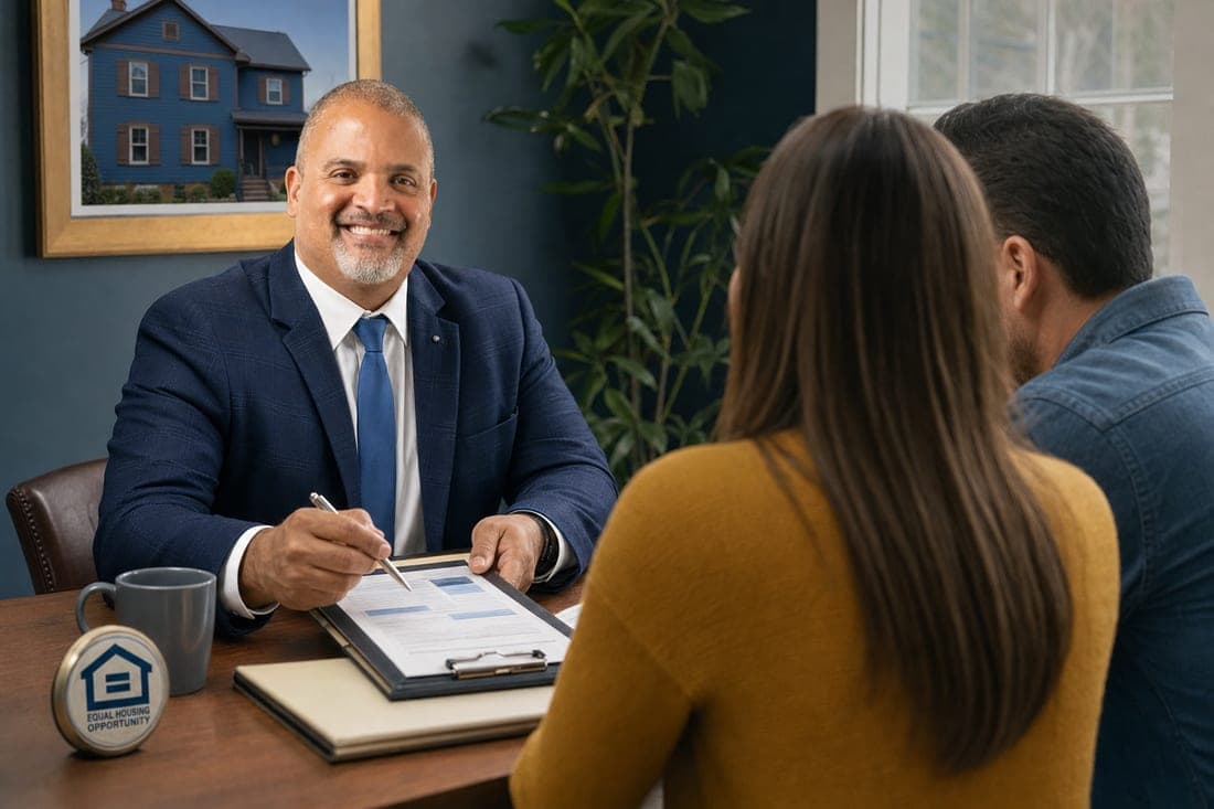 Luis Herrera reviewing mortgage options with clients at a consultation